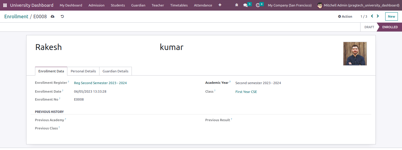 screenshot of odoo university management sofiware